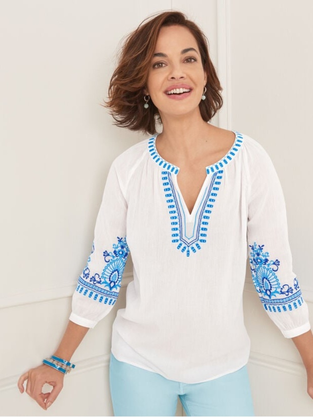 Talbots Blue White Embroidered Split Neck Tunic Top Small Boho Crinkle Gauze